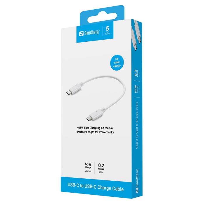 Sandberg USB-C Charge Cable 0.2m, 65W Blanco