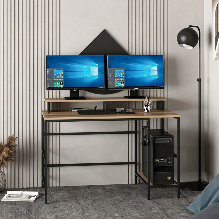 Hanah Home Greta L Mesa de Estudio Dore, Black - Elegante y Funcional Escritorio con Estantes, 120x74x60 cm