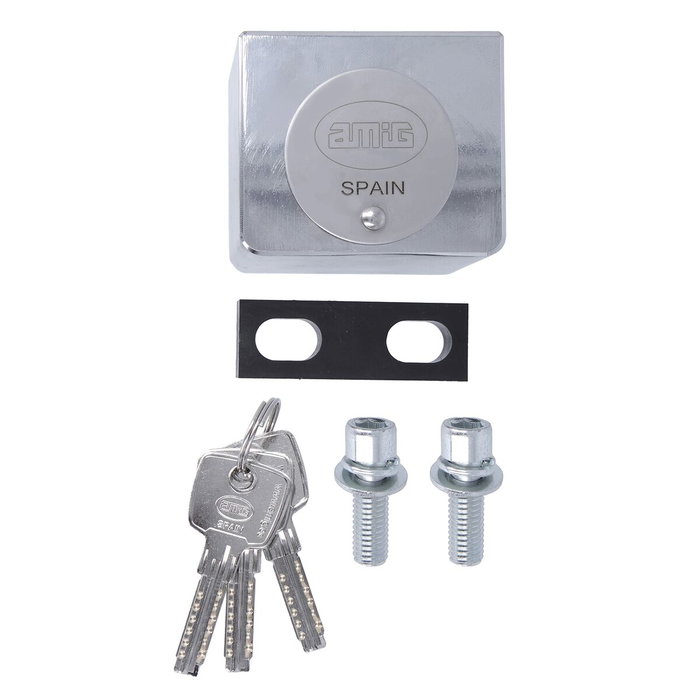 Amig Cerradura 670 A24542 para puertas enrollables, latón cromado, 60x50mm, 3 llaves Amig Cerradura 670 A24542 para puertas enrollables, latón cromado, 60x50mm, 3 llaves