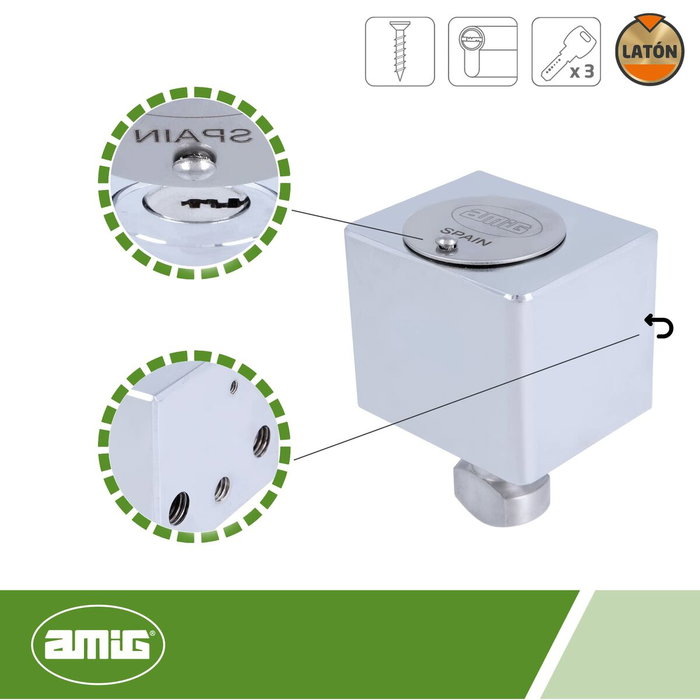 Amig Cerradura 670 A24542 para puertas enrollables, latón cromado, 60x50mm, 3 llaves Amig Cerradura 670 A24542 para puertas enrollables, latón cromado, 60x50mm, 3 llaves