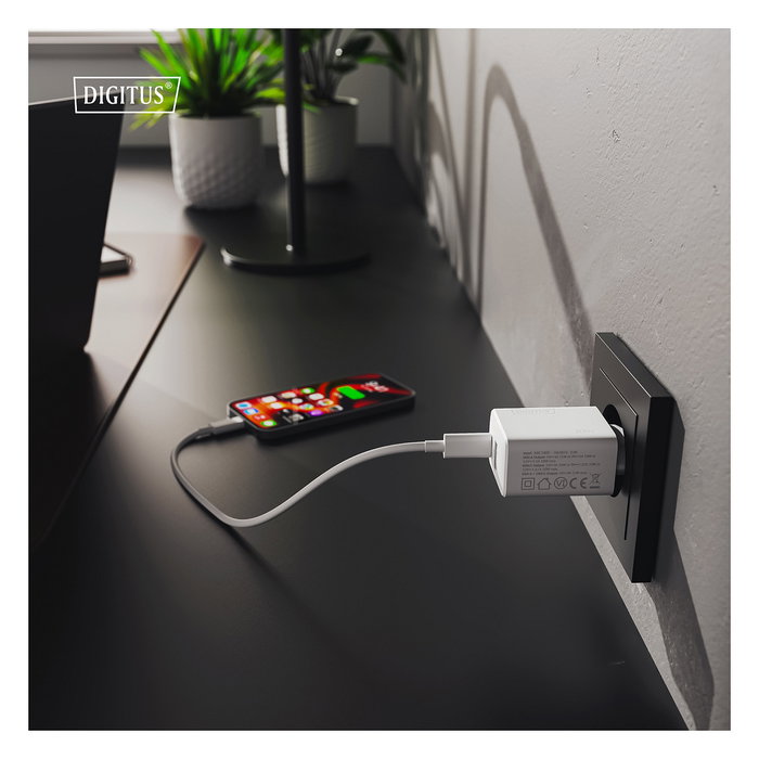 Digitus Cargador USB 20W 1x USB-C 1x USB-A con Carga Rápida Blanco Cargador de Pared Interruptor de Protección 100-240V