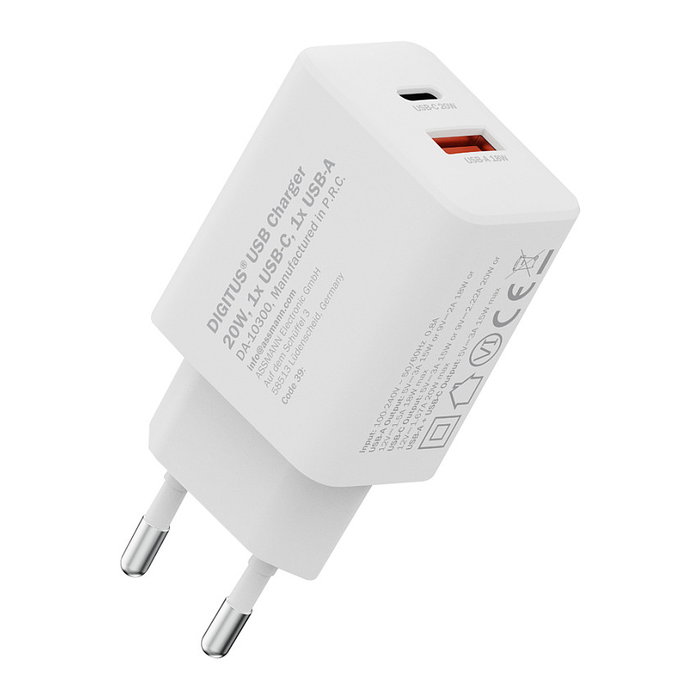 Digitus Cargador USB 20W 1x USB-C 1x USB-A con Carga Rápida Blanco Cargador de Pared Interruptor de Protección 100-240V