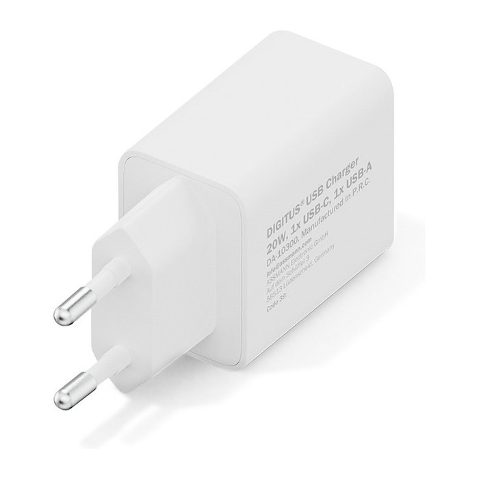 Digitus Cargador USB 20W 1x USB-C 1x USB-A con Carga Rápida Blanco Cargador de Pared Interruptor de Protección 100-240V