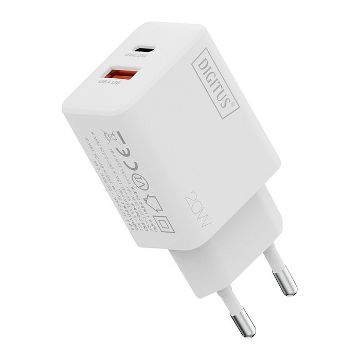 Digitus Cargador USB 20W 1x USB-C 1x USB-A con Carga Rápida Blanco Cargador de Pared Interruptor de Protección 100-240V