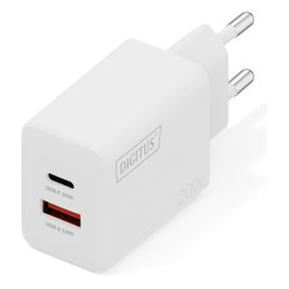 Digitus Cargador USB 20W 1x USB-C 1x USB-A con Carga Rápida Blanco Cargador de Pared Interruptor de Protección 100-240V