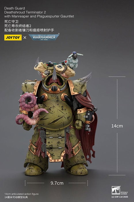 Warhammer 40k Figura 1/18 Death Guard Deathshroud Terminator 2 with Manreaper and Plaguespurter Gauntlet 14 cm