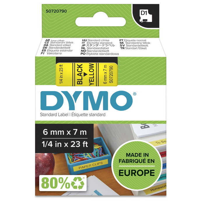 DYMO Cinta D1 Negro sobre Amarillo 6mm x 7m