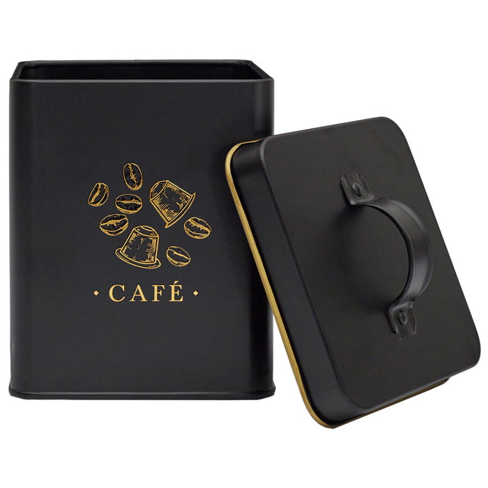Cook Concept Bote Metal Lounge Negro Mate con Ilustraciones Doradas Tapa Asa Medidas 11,6x11,6x16 cm Cook Concept Bote Metal Lounge Negro Mate con Ilustraciones Doradas Tapa Asa Medidas 11,6x11,6x16 cm