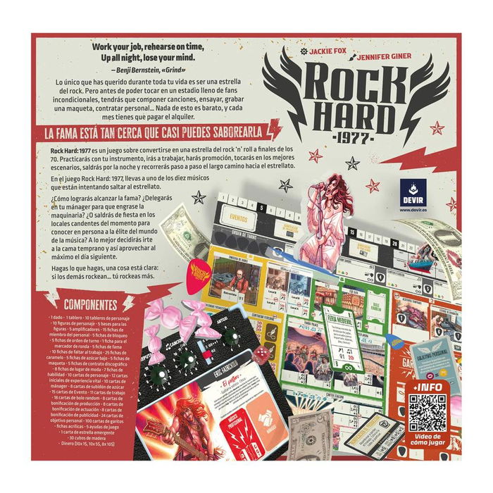 Devir Rock Hard: 1977 Juego de Mesa Familiar de Estrategia y Temática Musical de los Años 70 con Músico, Banda, Fama, Cartas, Dado y Tablero para 2-4 Jugadores