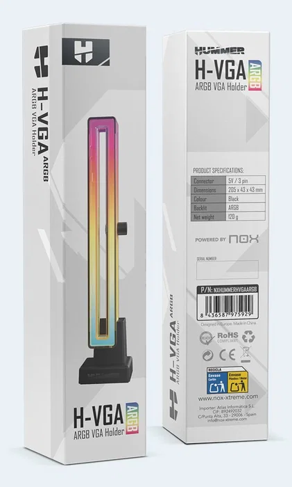 NOX H-VGA ARGB Soporte para Tarjeta Gráfica con Iluminación ARGB, Base Magnética Antideslizante, Negro, Regulable y Universal para Torre - Compatible con Todas las GPU