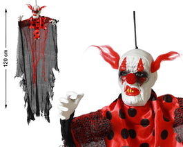Payaso Colgante Halloween 120 cm con Traje de Lunares Rojos y Negros para Decoración Terrorífica
