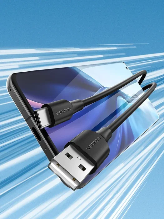 Vention CTHBD - Cable USB 2.0 Tipo-C a USB-A, 480 Mbps, Carga rápida de 60W hasta 3A, Longitud 0.5m (50cm), Negro