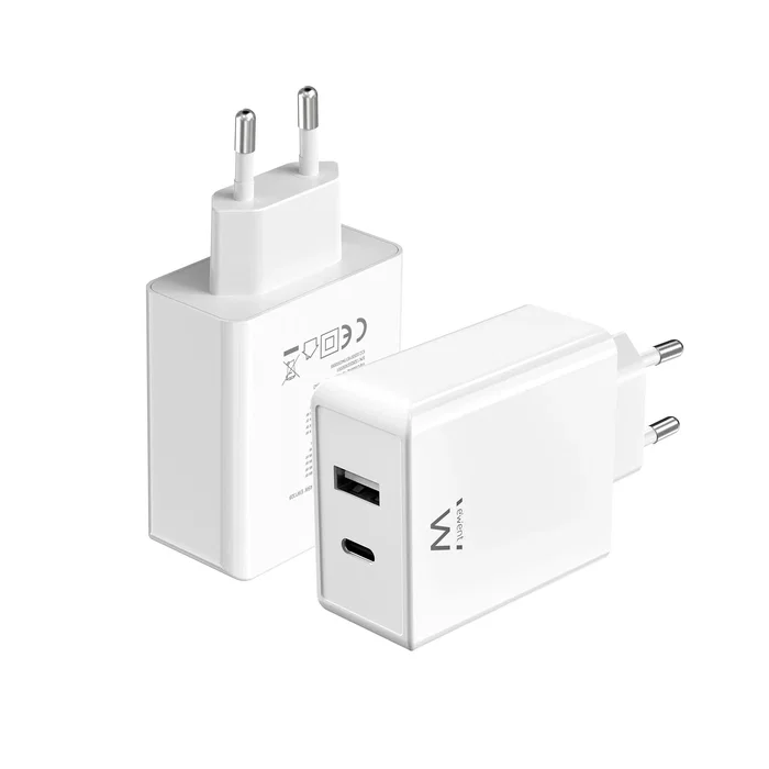 Ewent EW1328 Cargador USB-C GaN Fast de 45W, Carga Rápida PD 3.0 PPS, 1 Puerto USB-C + 1 Puerto USB-A, Para iPhone 15/14, MacBook, Android, Compacto Blanco