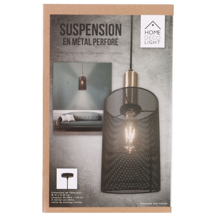 Home Deco Light Lámpara Colgante Bistrot Indus Cilíndrica Pantalla Perforada Gris Diámetro 15 cm Altura 24 cm