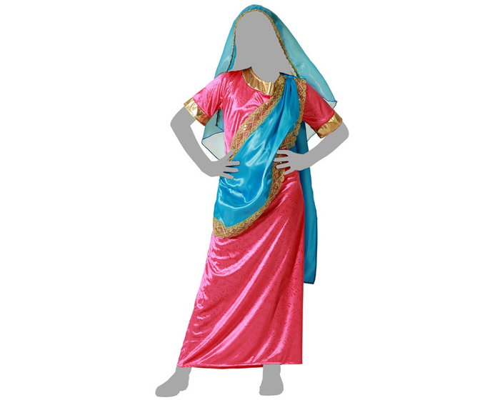 Disfraz Hindú Exótico para Niña Color Rosa - Talla 7-9 Años - Vestido Largo con Túnica y Velo - Traje Completo para Celebraciones y Eventos