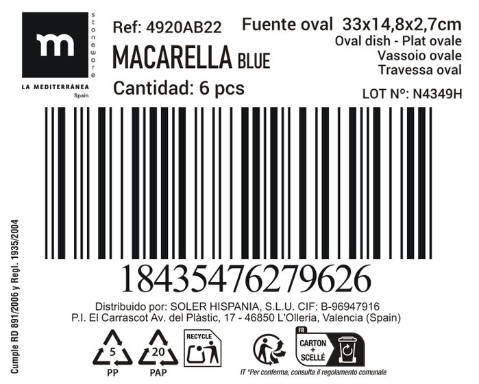 La Mediterranea Fuente Oval Macarella Blue 33x14.8x2.7cm