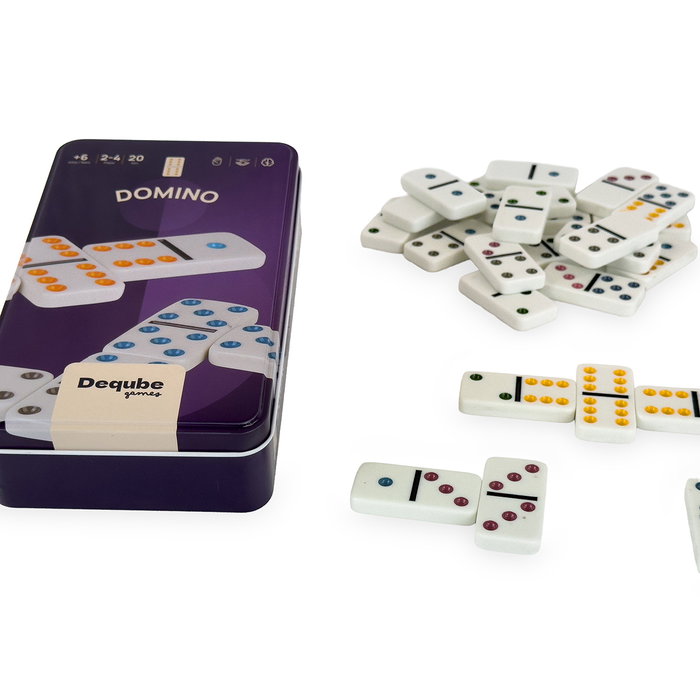 Deqube Domino Doble 6 con Caja Metálica D00325 - Juego de Mesa Tradicional para Niños +6 Años y Adultos