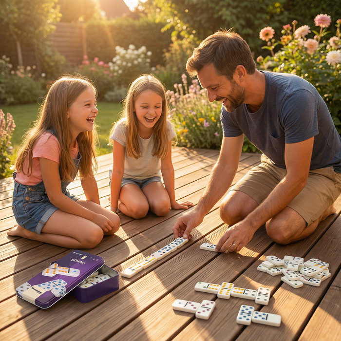 Deqube Domino Doble 6 con Caja Metálica D00325 - Juego de Mesa Tradicional para Niños +6 Años y Adultos