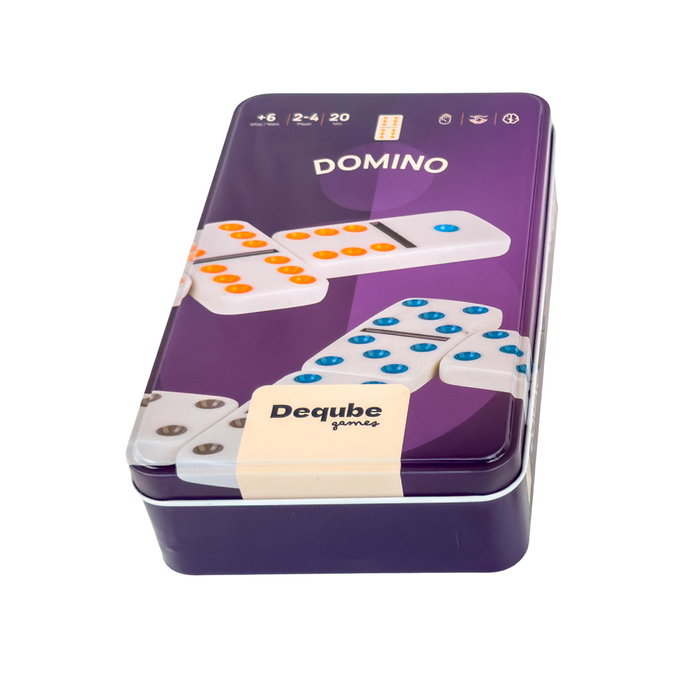 Deqube Domino Doble 6 con Caja Metálica D00325 - Juego de Mesa Tradicional para Niños +6 Años y Adultos