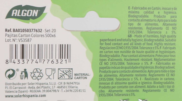 Algon Set 20 Pajitas Cartón Colores 50 cm de Largo x 0.6 cm de Ancho (24 Unidades)