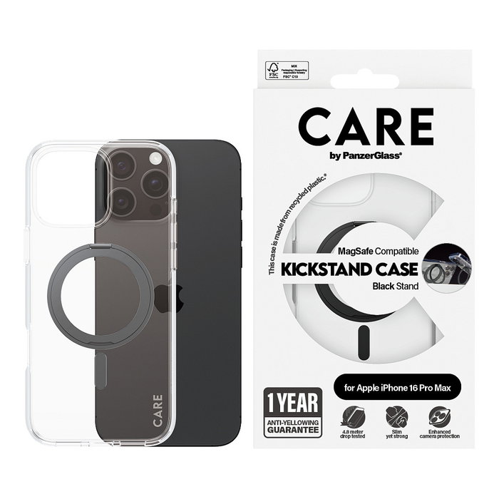 PanzerGlass CARE Feature Case Transparente con Soporte Negro y MagSafe para iPhone 16 Pro Max