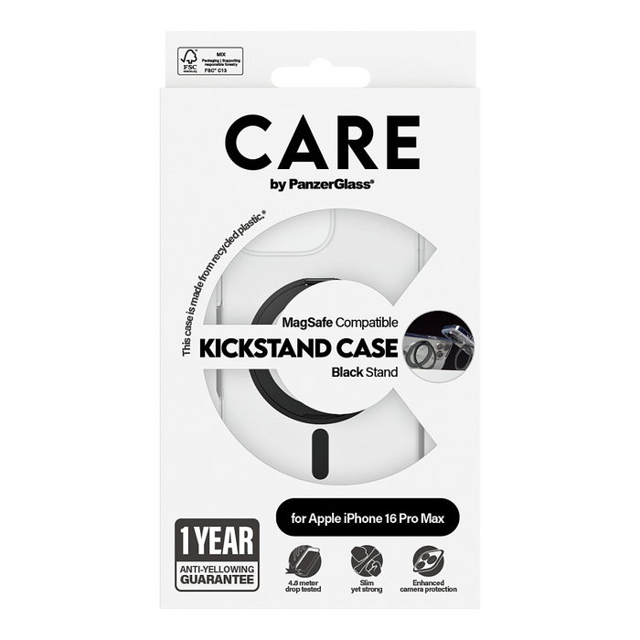 PanzerGlass CARE Feature Case Transparente con Soporte Negro y MagSafe para iPhone 16 Pro Max