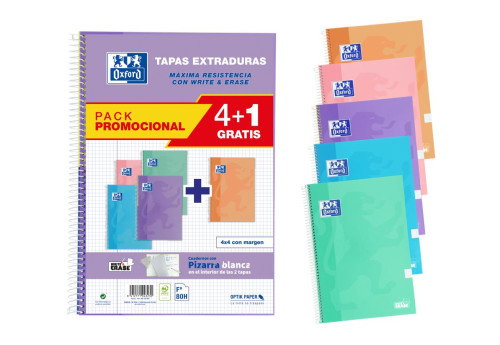 Oxford Pack 4+1 Cuadernos Write&Erase Folio 80H 4x4mm Tapas Extraduras Colores Pastel Surtidos