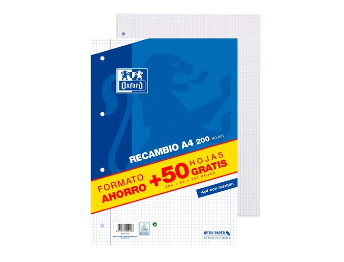 Oxford Recambio A4 Cuadriculado 4 mm con Margen 250 Hojas