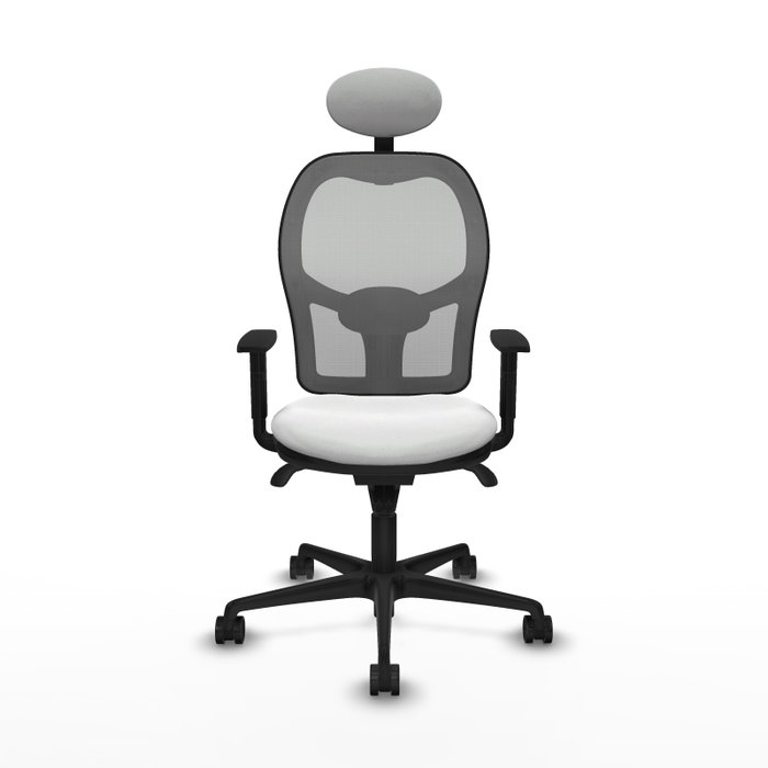 Silla de oficina Jorquera con mecanismo Sincro tapizada con Tela color Blanco y malla color Gris. Equipada con lumbar 1D, Brazos 1D, Cabecero Fijo y Ruedas 65mm nailon