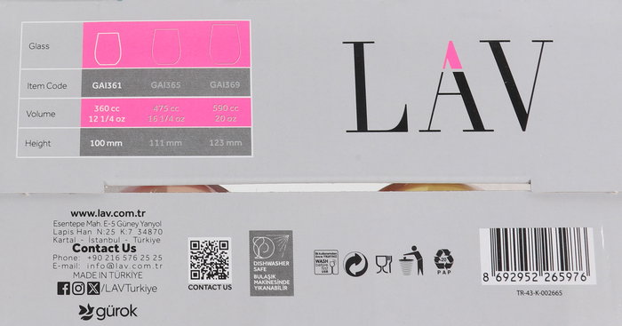 LAV Set de 4 Vasos 360 cc - Colección Gaia - Vasos de 6.5x8x10 cm (6 Cajas)