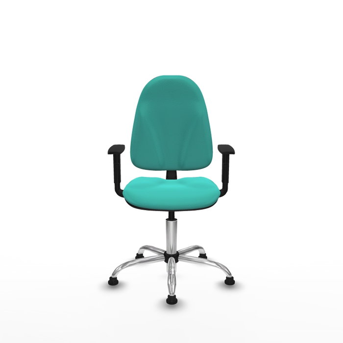 Silla de oficina Algarra con mecanismo Contacto permanente básico tapizada con Similpiel color Turquesa. Equipada con Base cromada, Brazos 1Dy Topes