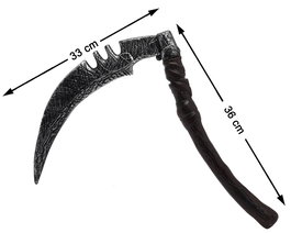 Hoz de Plástico con Mango Marrrón y Hoja Gris para Disfraces de Muerte - Hoja 33cm, Mango 36cm