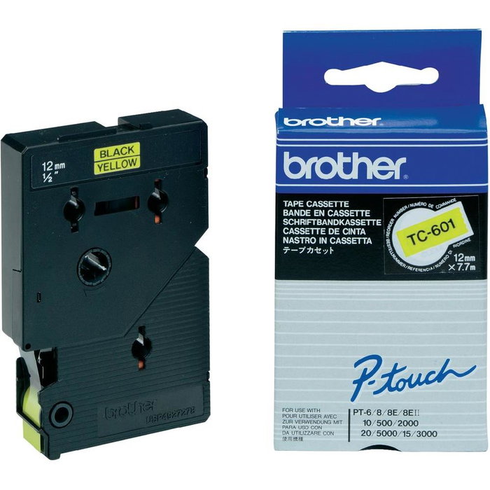 Brother Cinta Rotuladora Laminada TC-601 12mm Negro sobre Amarillo, 7,7m Brother Cinta Rotuladora Laminada TC-601 12mm Negro sobre Amarillo, 7,7m