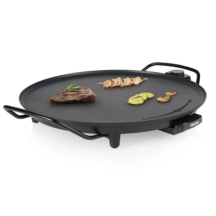 Tristar BP-2787 Parrilla Eléctrica de Contacto 2000W, Plancha Circular para Asar 40 cm Antiadherente con Termostato Ajustable y Bandeja Recogeaceite, Incluye 4 Espátulas de Madera