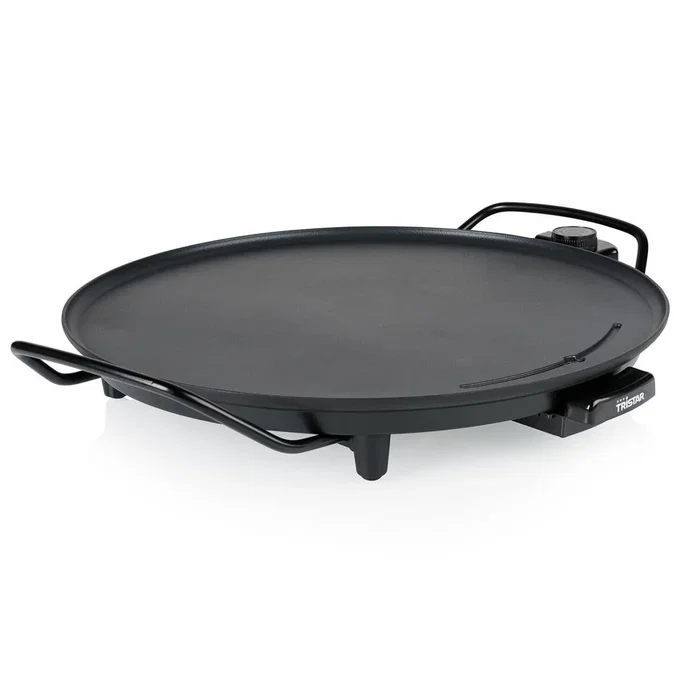 Tristar BP-2787 Parrilla Eléctrica de Contacto 2000W, Plancha Circular para Asar 40 cm Antiadherente con Termostato Ajustable y Bandeja Recogeaceite, Incluye 4 Espátulas de Madera