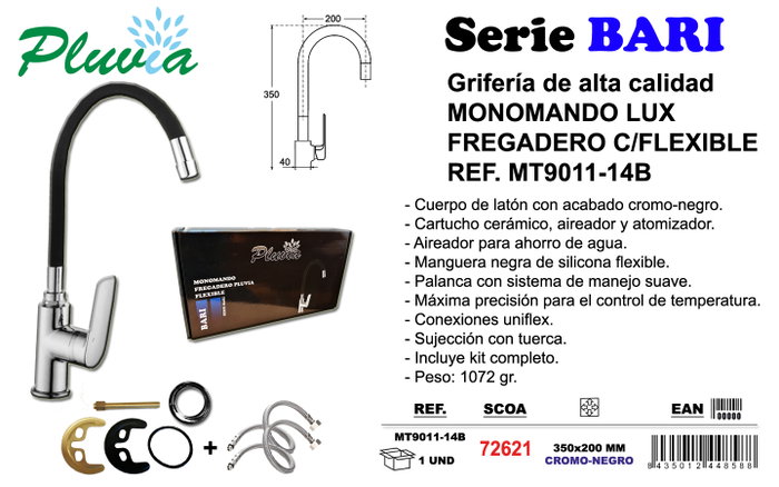 PLUVIA Bari Grifo Monomando Fregadero Caño Flex Negro MT9011-14B