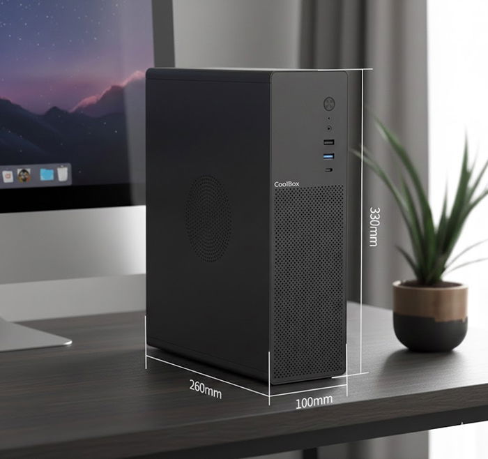 Coolbox Caja PC Micro ATX Slim T100 USB-C 3.2 Gen1 Full Metal, Ventilador 90mm, Soporta Fuente TFX, Color Negro
