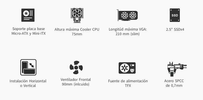 Coolbox COO-PCT100-0 Caja de PC Micro ATX Slimline Negra, con Puerto USB-C 3.2 Gen1, Soporte para 4 Unidades SSD 2.5", Compatible con Fuentes TFX y Tarjetas Low-Profile