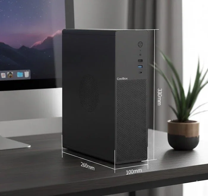 Coolbox COO-PCT100-0 Caja de PC Micro ATX Slimline Negra, con Puerto USB-C 3.2 Gen1, Soporte para 4 Unidades SSD 2.5", Compatible con Fuentes TFX y Tarjetas Low-Profile