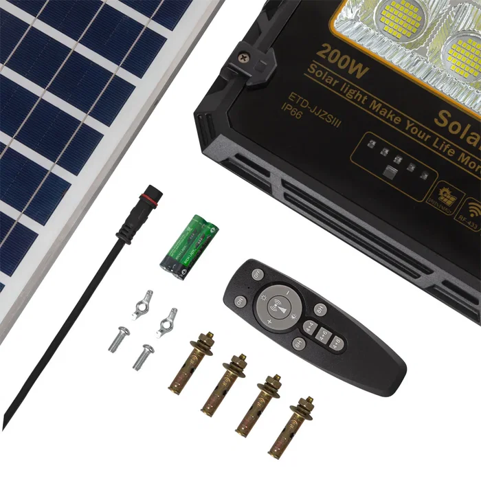 Proyector Solar LED 200W con Panel Solar, Mando a Distancia, IP65 [1916-FLSOL-200W-CW]