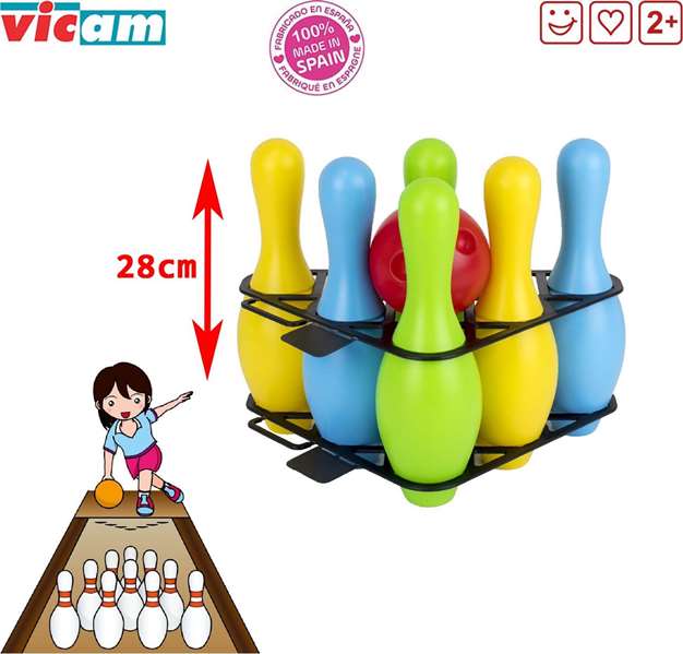 Vicam Juego de bolos incluye 6 bolos y 1 bola alto 28 cm modelos surtidos multicolor
