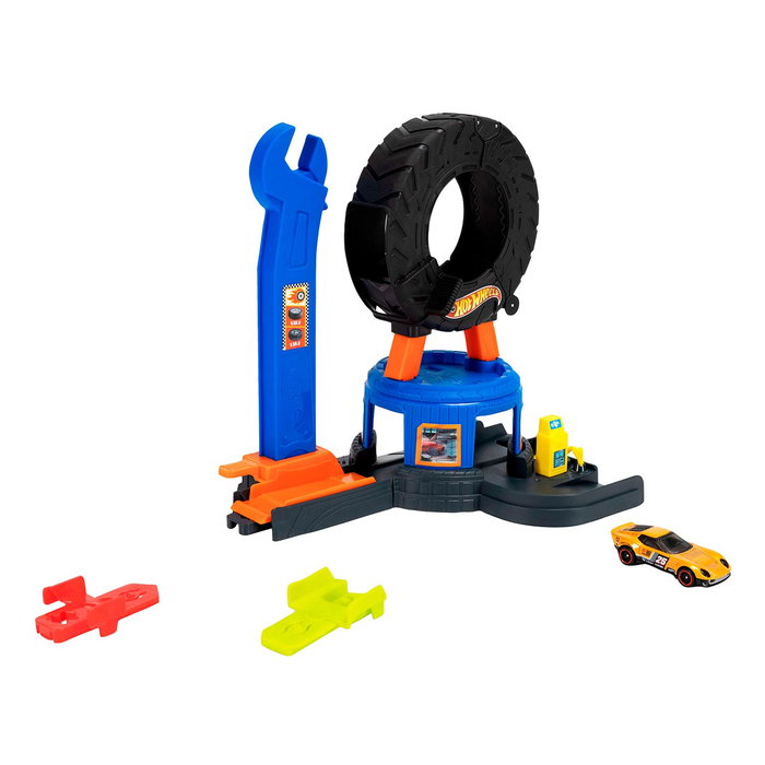 Hot Wheels Tienda de Neumáticos Jhl75 Centro de Ciudades Hot Wheels con Grúa de Metal Fundido