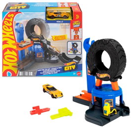Hot Wheels Tienda de Neumáticos Jhl75 Centro de Ciudades Hot Wheels con Grúa de Metal Fundido