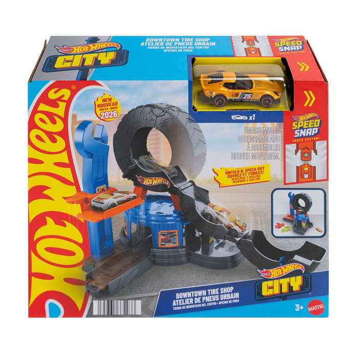 Hot Wheels Tienda de Neumáticos Jhl75 Centro de Ciudades Hot Wheels con Grúa de Metal Fundido