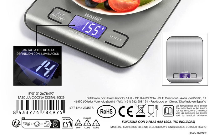 Inde Báscula de Cocina Digital 10 kg 14x18x2 cm (12 Unidades)