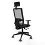 Silla de oficina Horna con mecanismo Sincro/Traslack tapizada con Tela color Negro y malla color Gris. Equipada con lumbar 1D, Brazos 1D, Cabecero Fijo y Ruedas 65 mm parqué