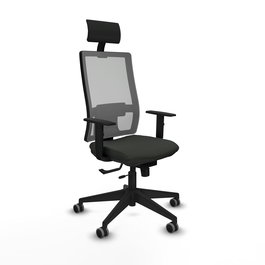 Silla de oficina Horna con mecanismo Sincro/Traslack tapizada con Tela color Negro y malla color Gris. Equipada con lumbar 1D, Brazos 1D, Cabecero Fijo y Ruedas 65 mm parqué