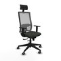 Silla de oficina Horna con mecanismo Sincro/Traslack tapizada con Tela color Negro y malla color Gris. Equipada con lumbar 1D, Brazos 1D, Cabecero Fijo y Ruedas 65 mm parqué