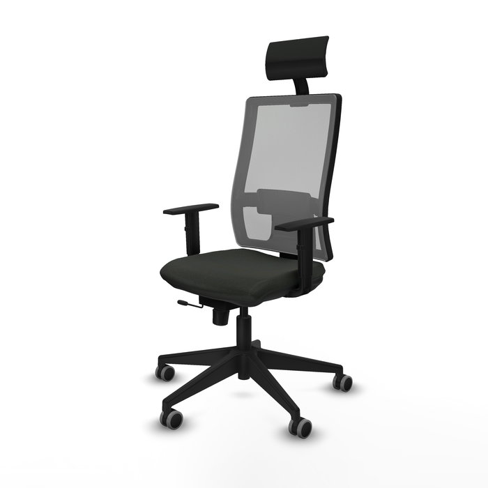 Silla de oficina Horna con mecanismo Sincro/Traslack tapizada con Tela color Negro y malla color Gris. Equipada con lumbar 1D, Brazos 1D, Cabecero Fijo y Ruedas 65 mm parqué