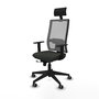 Silla de oficina Horna con mecanismo Sincro/Traslack tapizada con Tela color Negro y malla color Gris. Equipada con lumbar 1D, Brazos 1D, Cabecero Fijo y Ruedas 65 mm parqué